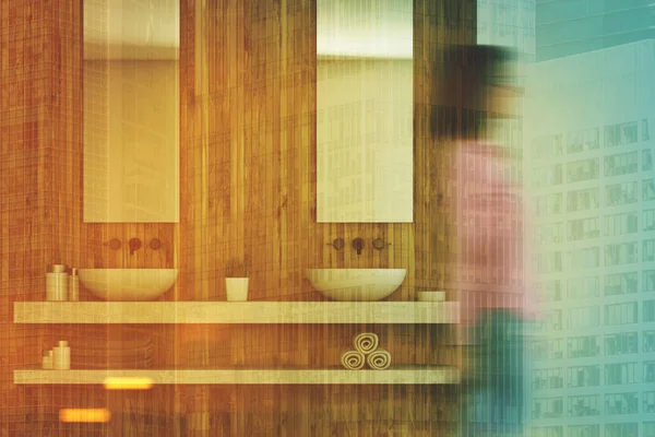 Ahşap banyo iç, çift lavabo, kız