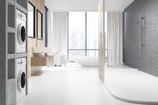 Salle de bain blanche et en bois, lave-linge — Photo
