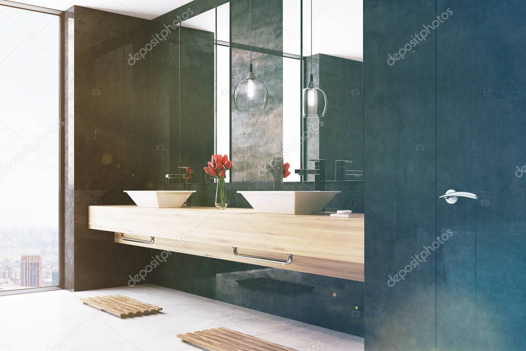 Black bathroom interior, double sink, side toned