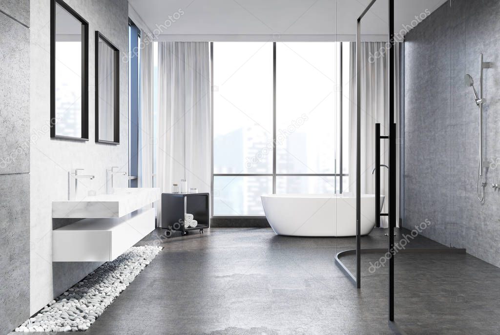 Gray concrete bathroom, side view
