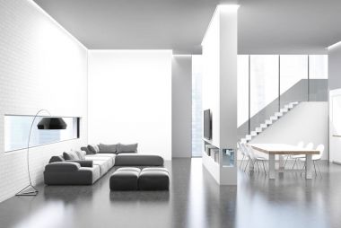 Beyaz mutfak iç ve oturma odası