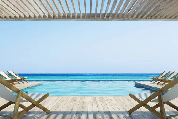 Beyaz güverte sandalyeleri yakınındaki bir havuz ile Pier