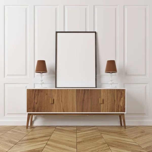 Szyk prostokątny pokój, plakat na szafkę, drewno — Zdjęcie stockowe