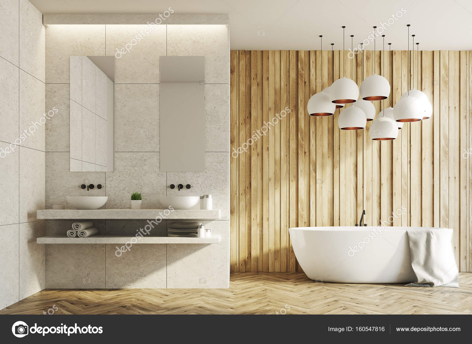 Witte en houten badkamer, wastafels, badkuip — Stockfoto ... Witte en houten badkamer, wastafels, badkuip — Stockfoto ...