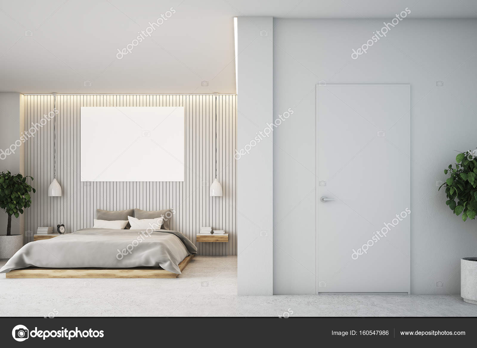 Beige sovrum med en affisch, framifrÃ¥n — stockfotografi ...