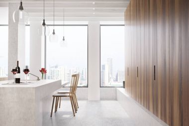 Mermer beyaz mutfak, pencere, yan bar