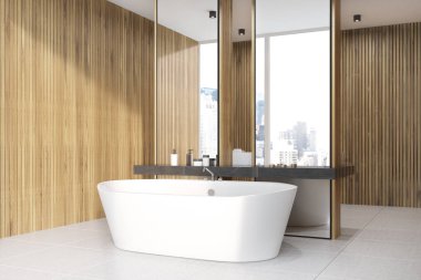 Ahşap banyo, lavabo, küvet, yan