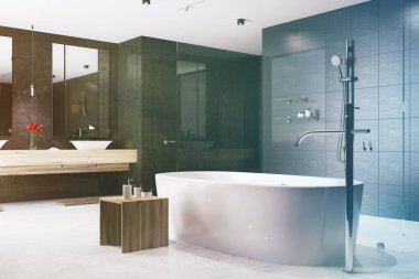 Siyah banyo beyaz küvet, köşe, tonda