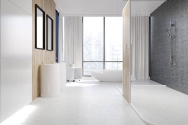 Beyaz ve ahşap banyo, duş