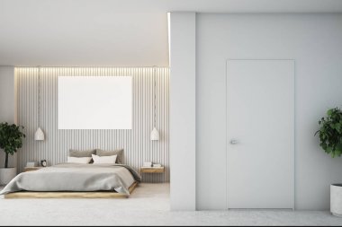 Bej renkli yatak odası ile bir poster, önden görünüm