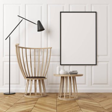 Dikdörtgen desen odası, koltuk ve poster