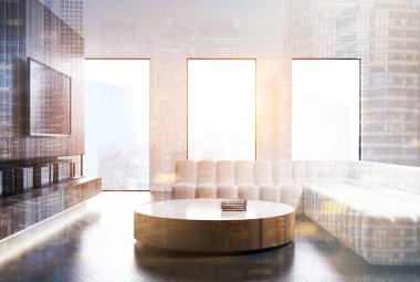 Oturma odası iç, beyaz kanepe, tonda Tv seti