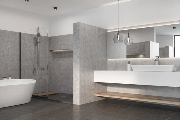 Banheiro cinza com banheira branca, pia — Fotografia de Stock
