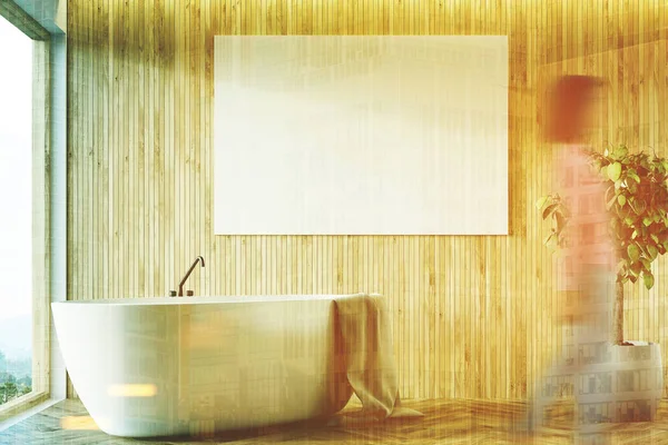 Wooden bathroom, white tub close up girl — Stock Photo, Image