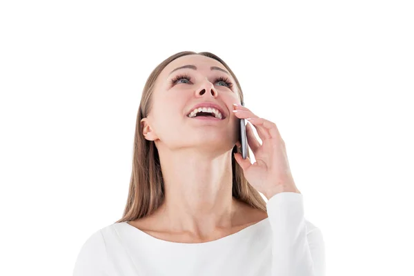 Feliz mujer de negocios en el teléfono mirando hacia arriba, aislado — Foto de Stock