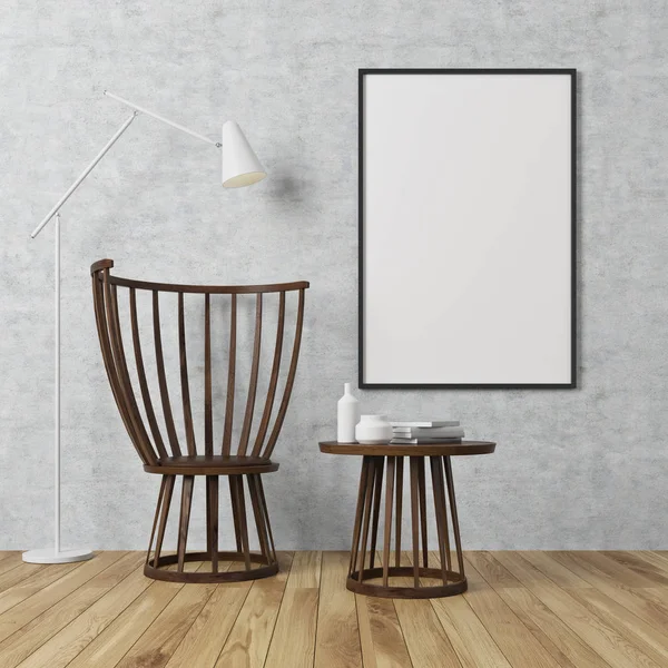 Beyaz duvar odası, koltuk ve poster, beton