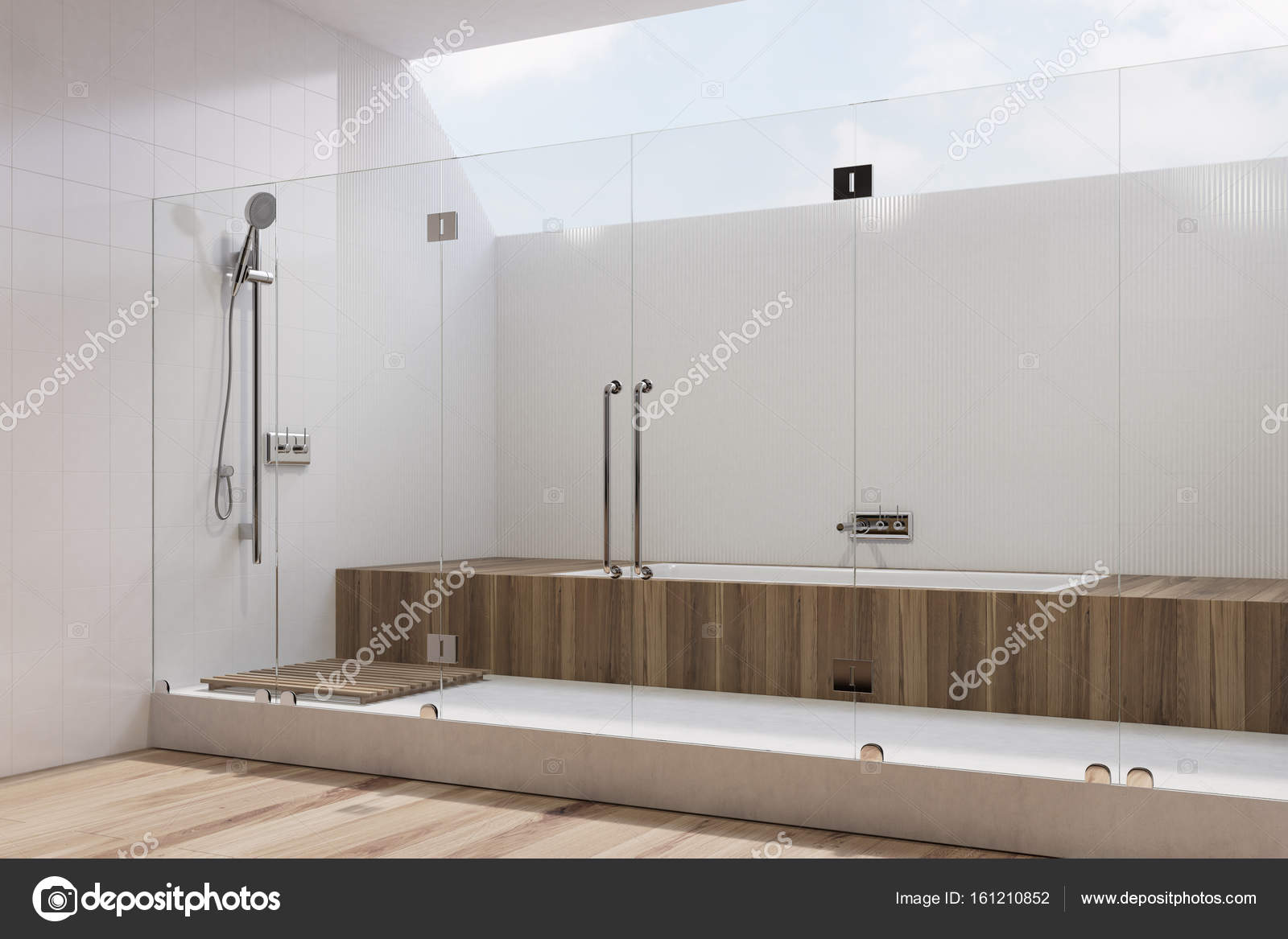 Vitt badrum inredning, trä badkar, dusch, sida — stockfotografi ...