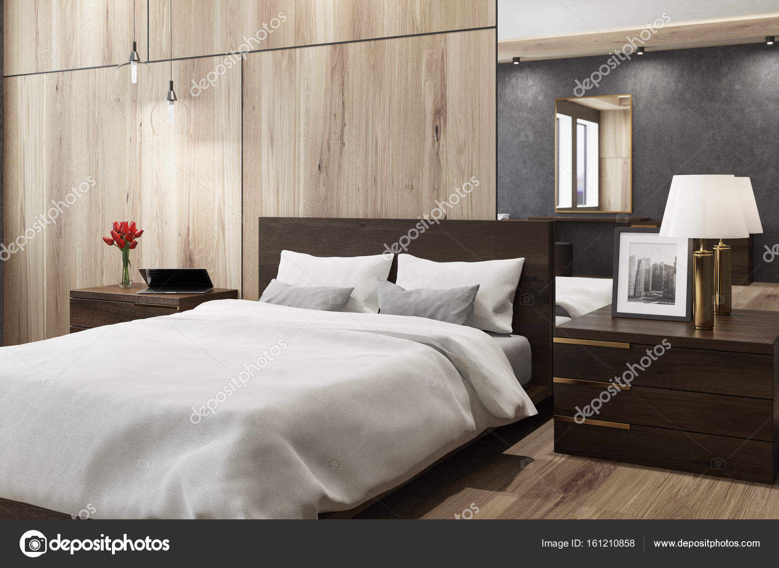 Black And Wooden Bedroom Mirror Side Stock Photo
