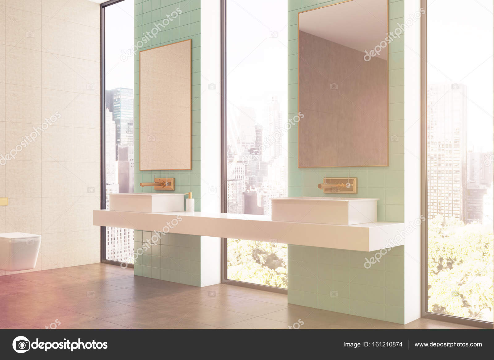 Groene badkamer, dubbele wastafel, kant afgezwakt — Stockfoto ... Groene badkamer, dubbele wastafel, kant afgezwakt — Stockfoto ...