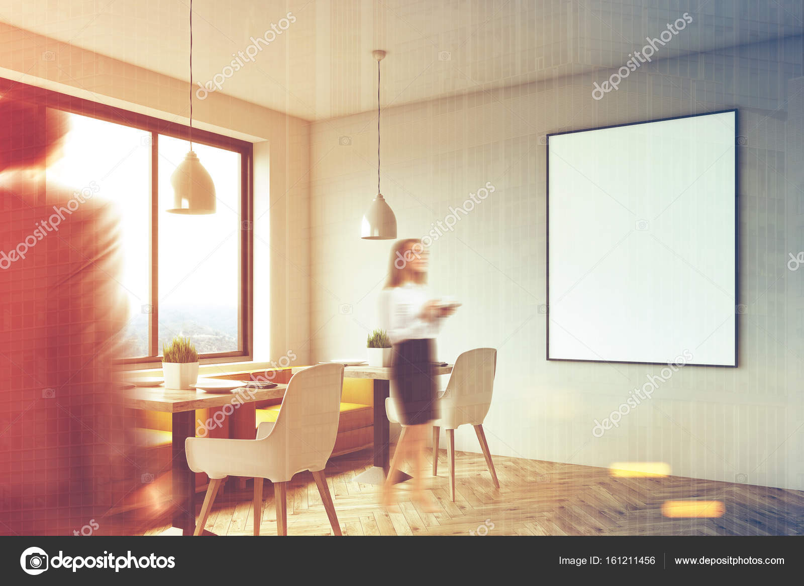 White Cafe With A Framed Poster Corner People Stock Photo