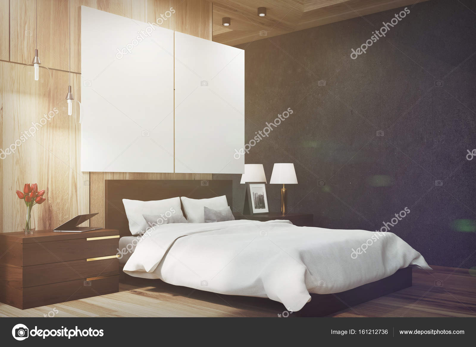 Camera da letto nera e in legno, poster, lato tonico — Foto Stock ... Camera da letto nera e in legno, poster, lato tonico — Foto Stock ...