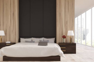 Ahşap ve siyah yatak odası panoramik