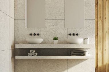 Mermer ve ahşap banyo, lavabo