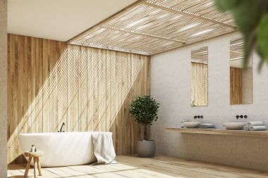 Ahşap banyo iç bir küvet ve bir ağaç, yan