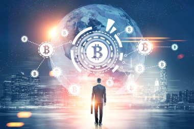 İşadamı bir bavul, bitcoin Hud, şehir