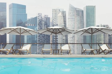 Yüzme Havuzu, şezlong, şemsiye, şehir, ön