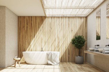 Ahşap banyo iç bir küvet ve bir ağaç