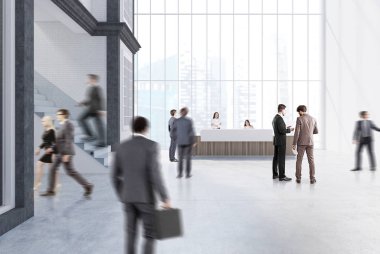 Bir Resepsiyon insanlarla boş beyaz ofis