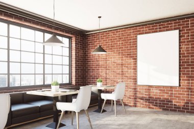 Tuğla kafe iç tarafında dikey bir posteri ile