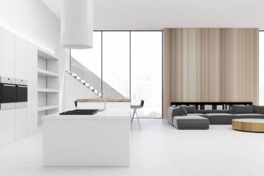 Beyaz ve ahşap mutfak iç, oturma odası