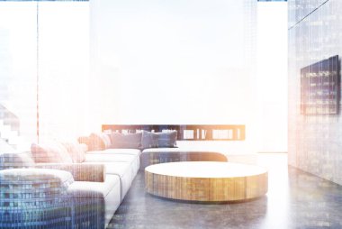 Ahşap oturma odası iç, mavi tonda