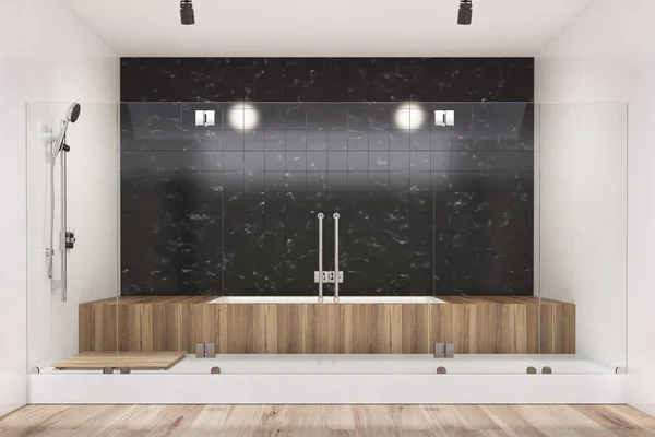 Svart badrum inredning, träkar, dusch — Stockfoto