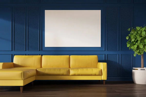 Parede azul, sofá amarelo, cartaz — Fotografia de Stock