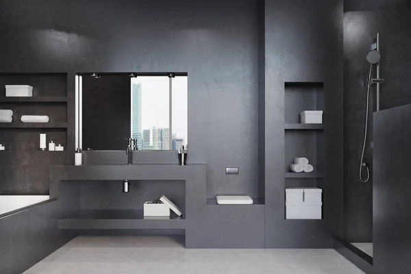 Bagno nero, vasca, lavabo e specchio — Foto Stock