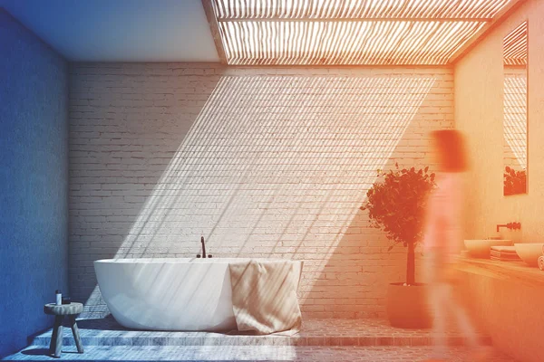 Ceglane wnętrza łazienki z wanną i drzewo stonowanych — Zdjęcie stockowe