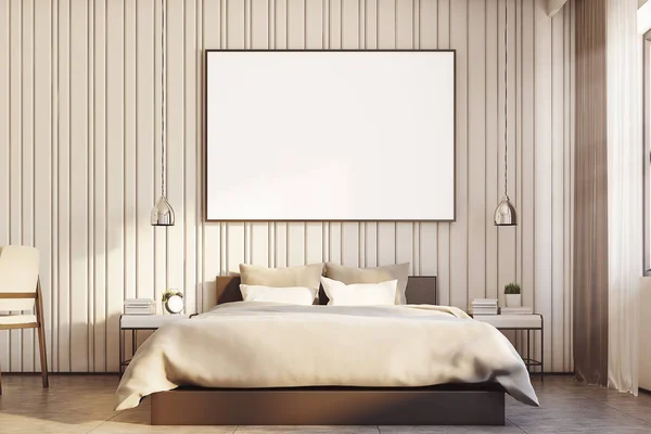 Beżowa sypialnia z duży plakat z bliska — Zdjęcie stockowe