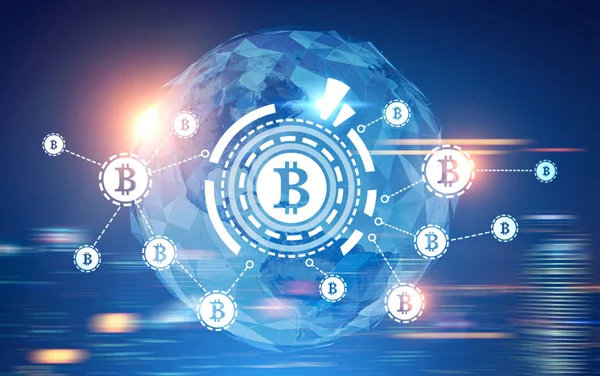 Bitcoin-Netzwerk, hud, Weltkarte, verschwommenes Blau — Stockfoto