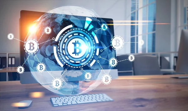 Bitcoin-Netzwerk, hud, Weltkarte, Computer, Stadt — Stockfoto