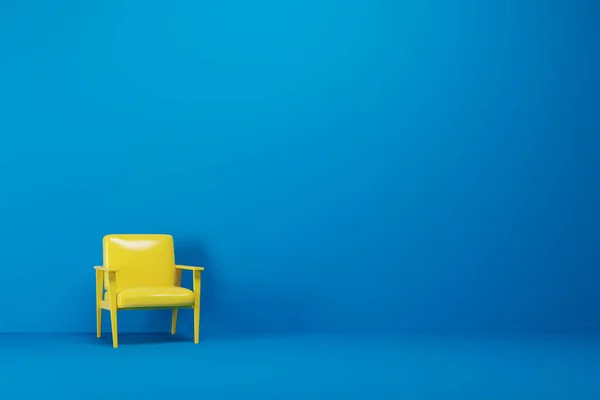 Blauwe lege ruimte, gele fauteuil — Stockfoto