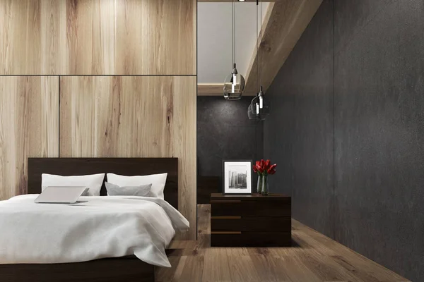 Wooden and black bedroom interior — Stock Photo, Image