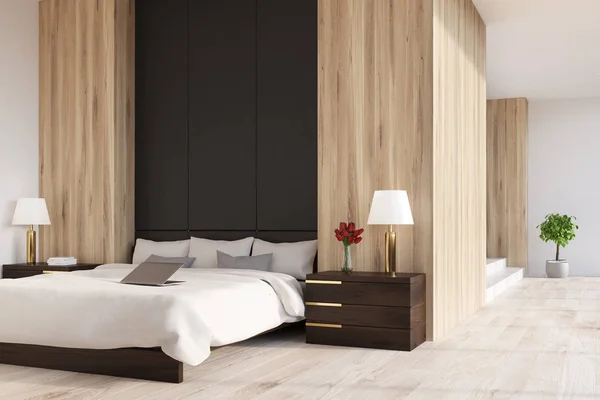 Panoramiczny, po stronie sypialni drewniane i czarne, — Zdjęcie stockowe