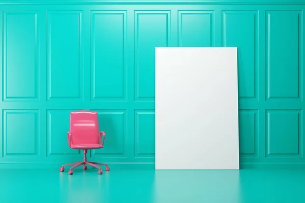 Zelený pokoj, růžové kancelářská židle, plakát — Stock fotografie