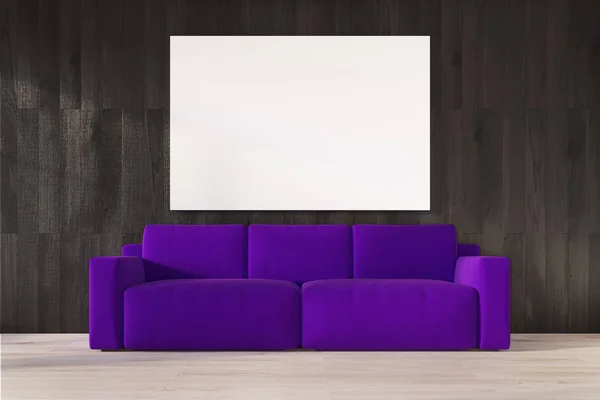 Black wall, purple sofa, poster — Stock Photo, Image