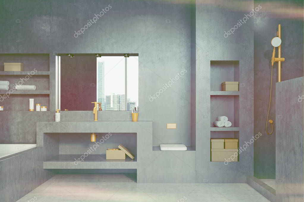 Tonos gris cuarto de baño, bañera, lavabo y espejo — Foto de stock