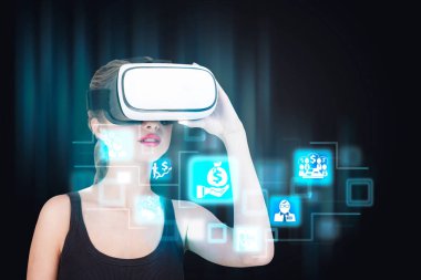 Kız Vr gözlük, ekonomi simgeler, hologram
