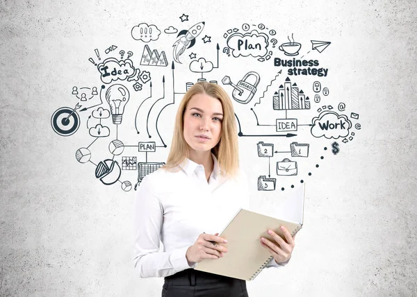 Ciddi sarışın kadın ve bir iş düzeni